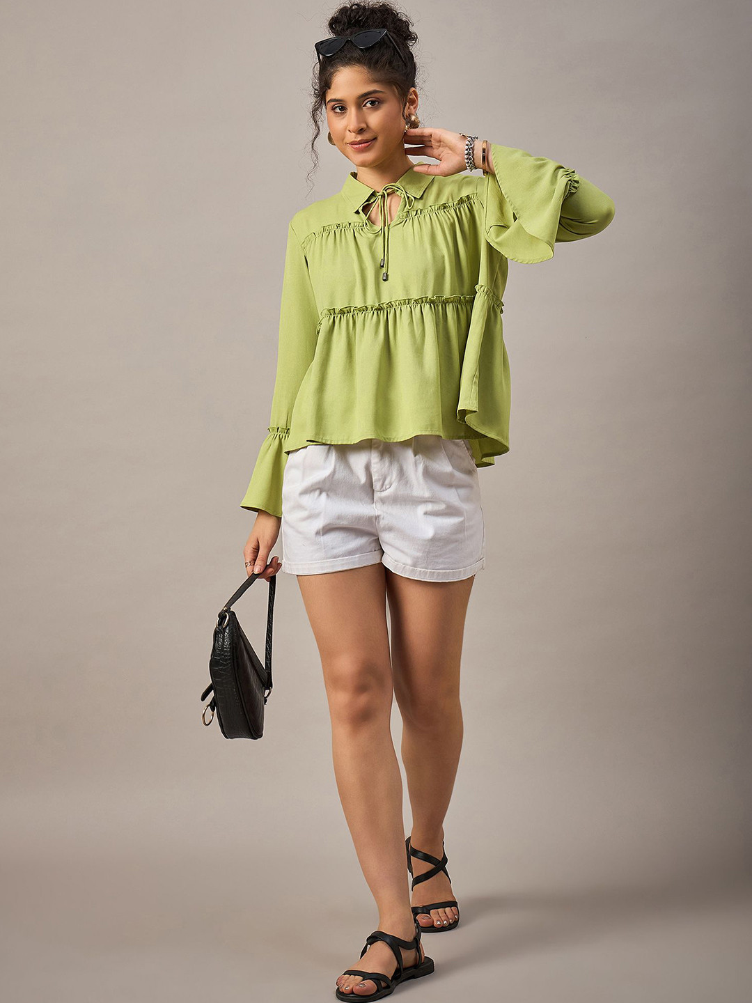 The Roadster Lifestyle Co Collared Front Tie Ruffled Top