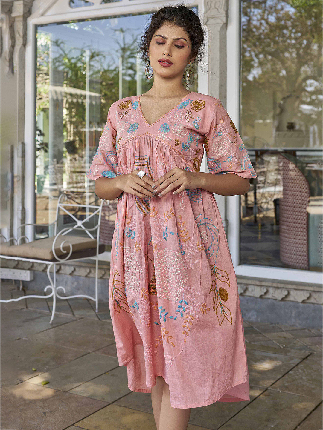 Pink Floral Embroidered Empire Dress with Long Sleeves