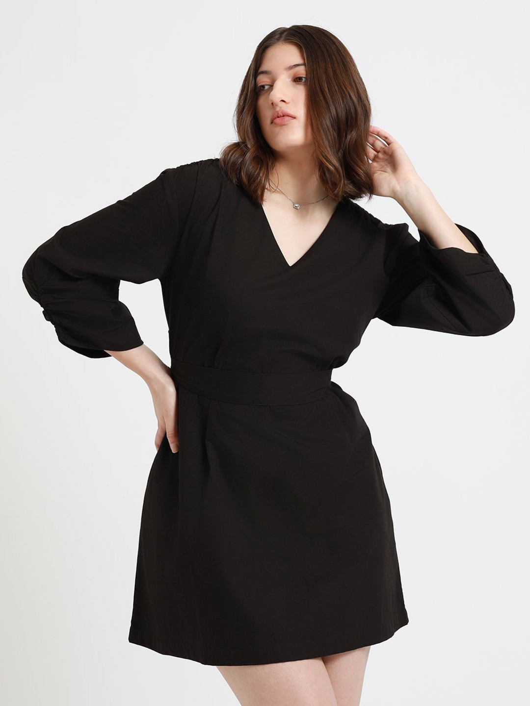 DL Woman V-Neck Puff Sleeve Cotton Fit & Flare Dress
