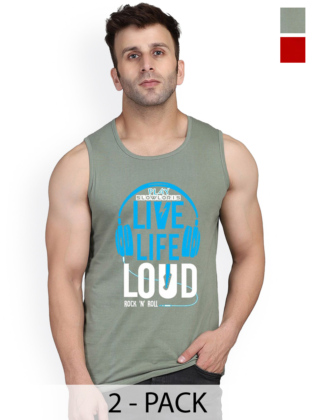 SLOWLORIS Pack Of 2 Printed Gym Innerwear Vests SL26 COMBO (LOUD LGTGREEN) (NVR RED)