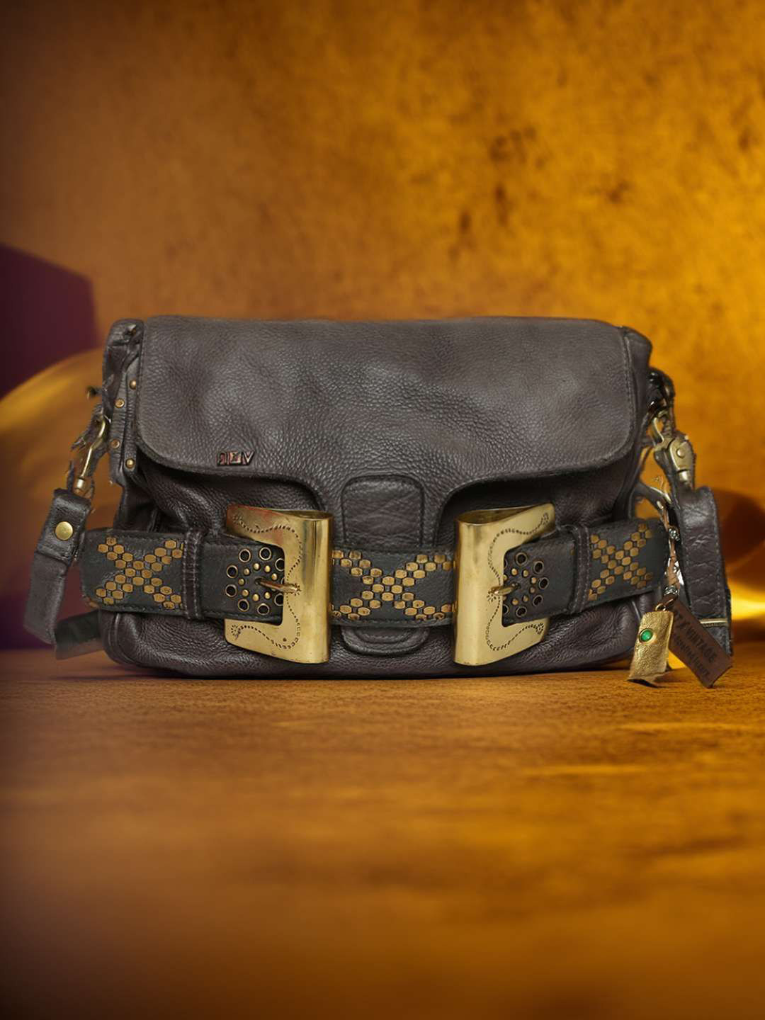 ART N VINTAGE Leather Structured Shoulder Bag with Cut Work
