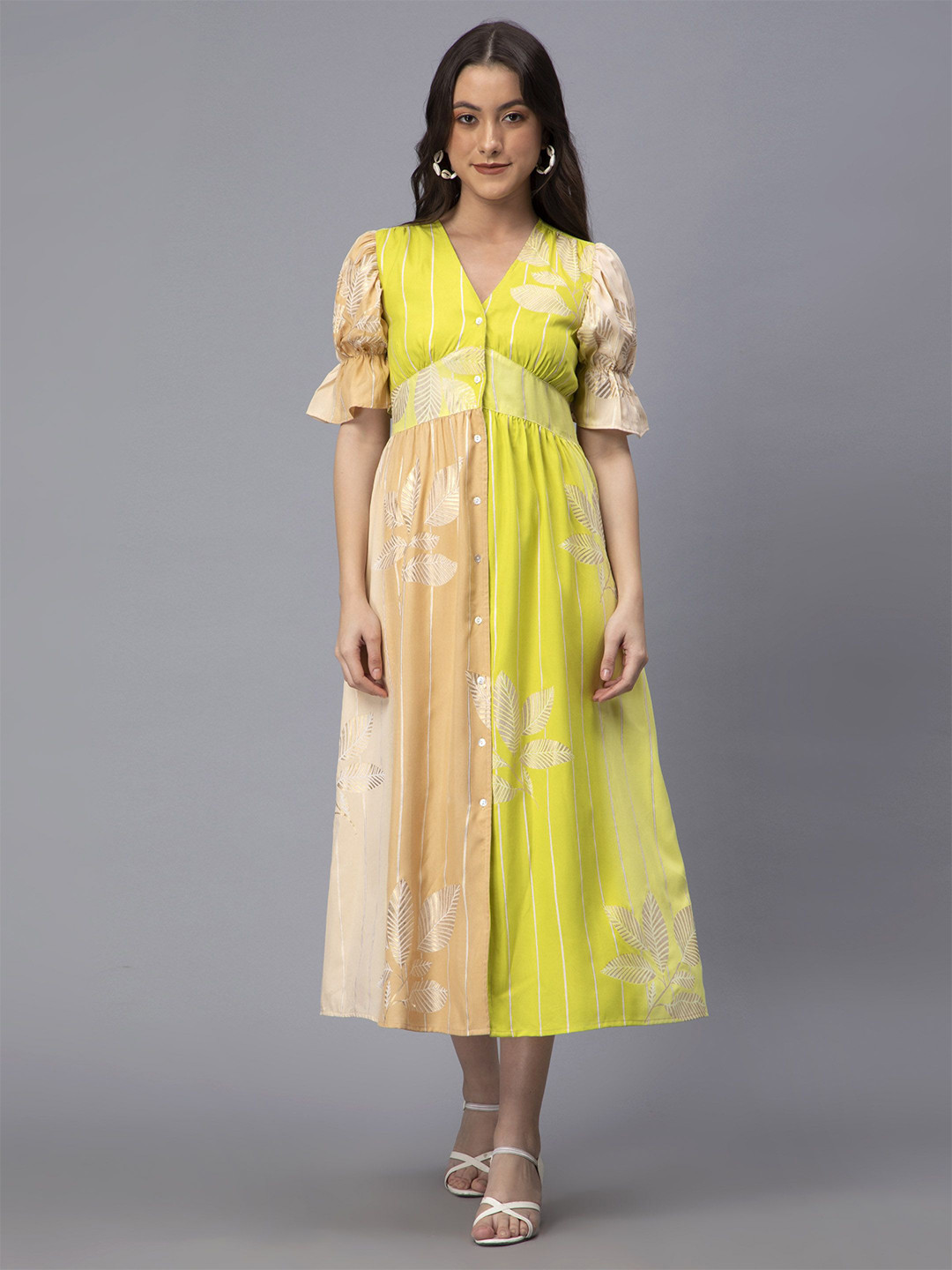 DRAPE AND DAZZLE Floral Printed V-Neck Puff Sleeves Shirt Midi Dress