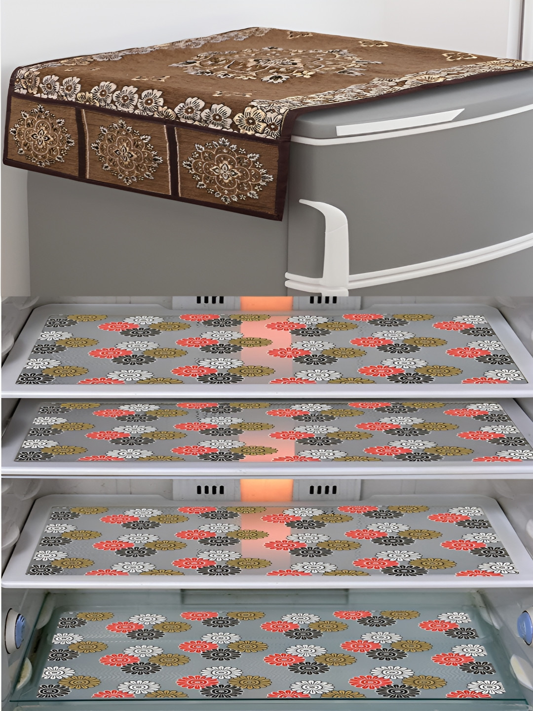 LooMantha Black & Brown 5 Pieces Printed Fridge Cover With Side Storage & Fridge Mat