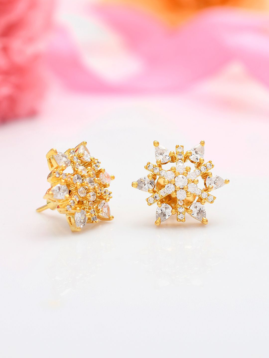 Voylla Gold Plated American Diamond Contemporary Sparkling Elegance Starburst Studs