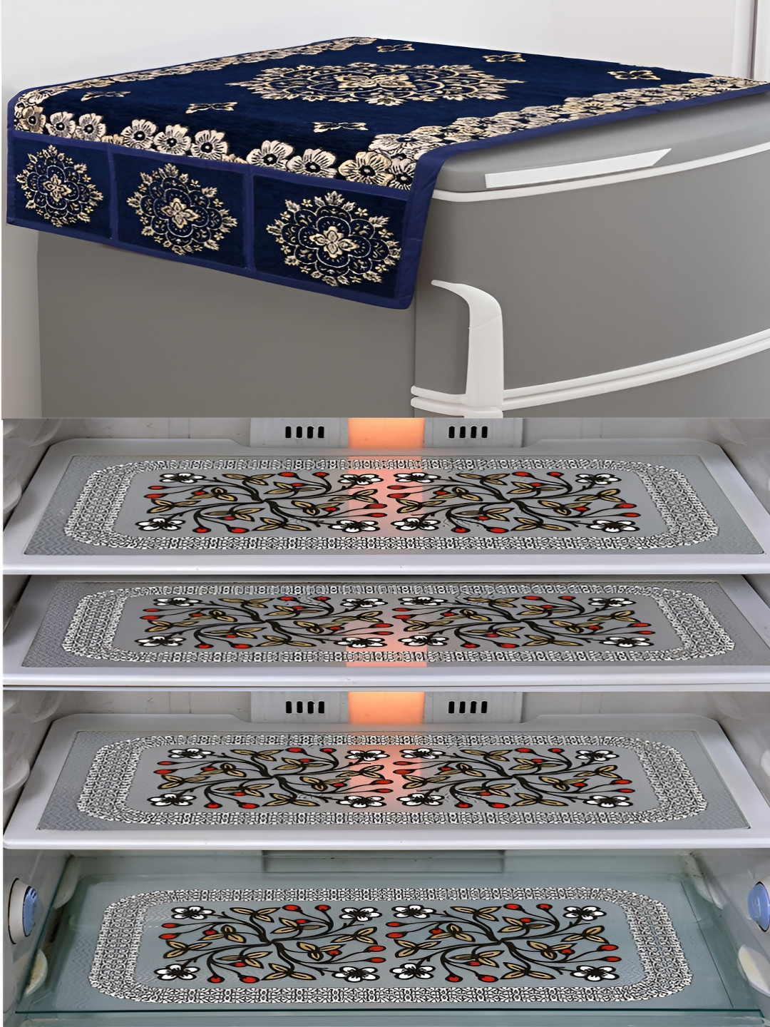 Dakshya Industries Blue & Transparent Printed Fridge Top Cover With Fridge Mats