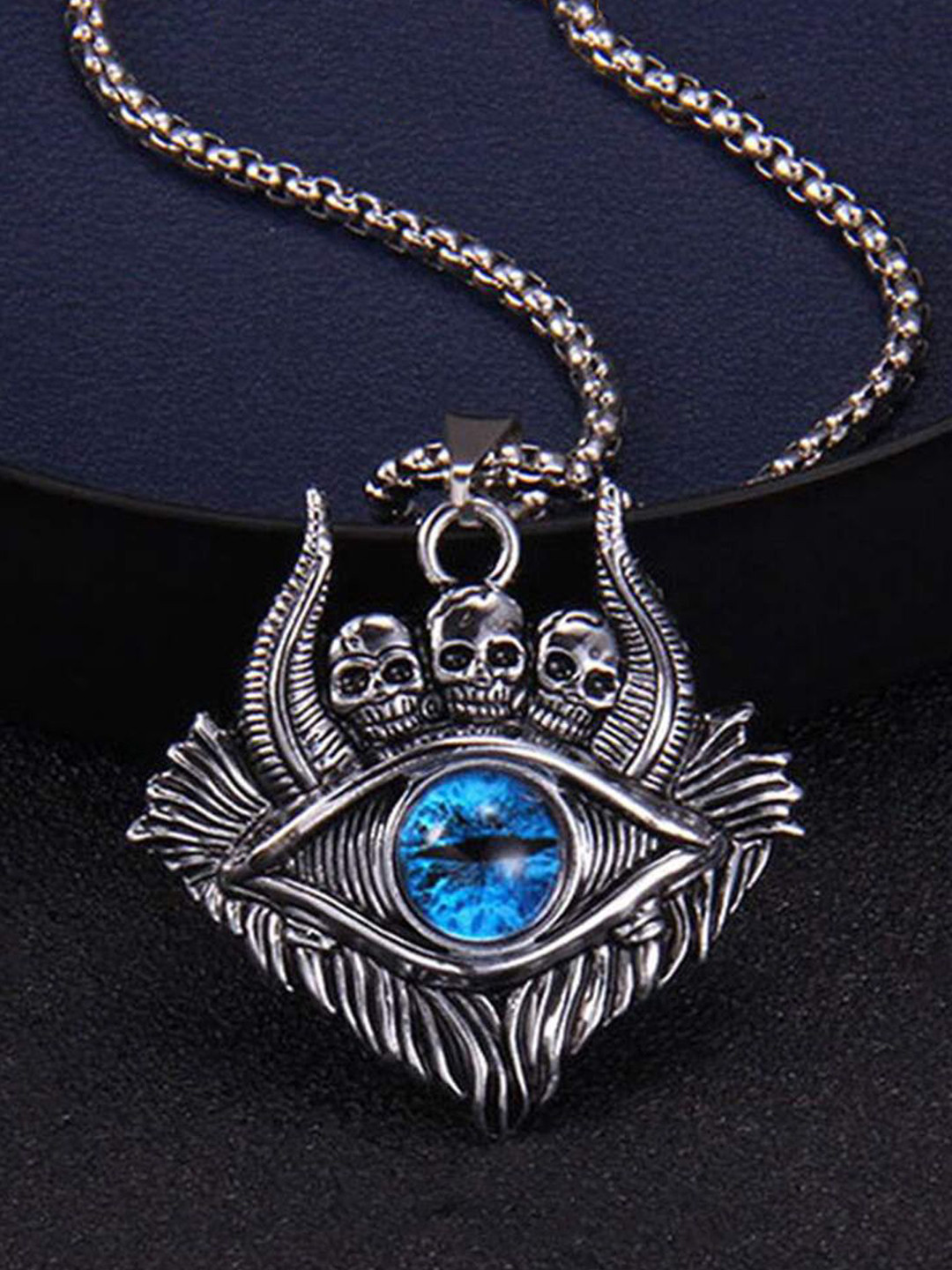 KRENOZ Men Silver-Plated Stainless Steel Evil Eye & Devil-Shaped Pendants With Chains