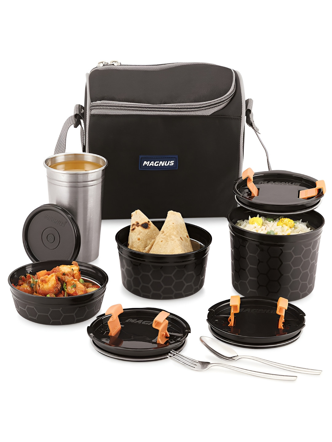 MAGNUS Black 4 Pieces Stainless Steel Lunch Box With Insulated Lunch Bag