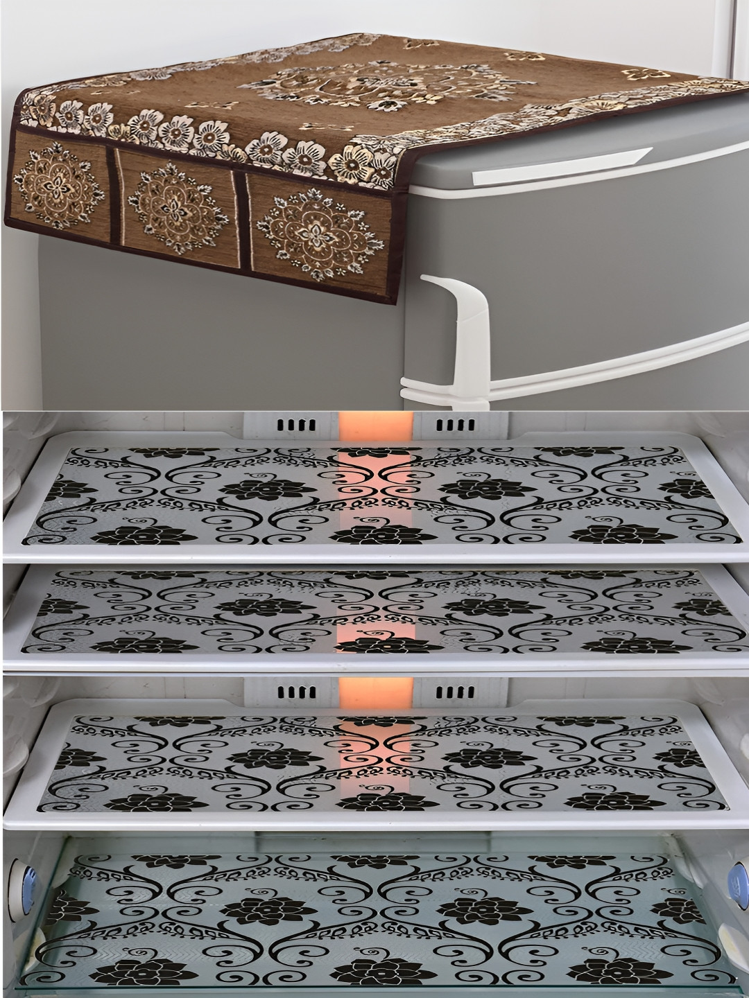 LooMantha Brown & Transparent Color 5 Pieces Floral Printed Fridge Top Cover & Fridge Mats