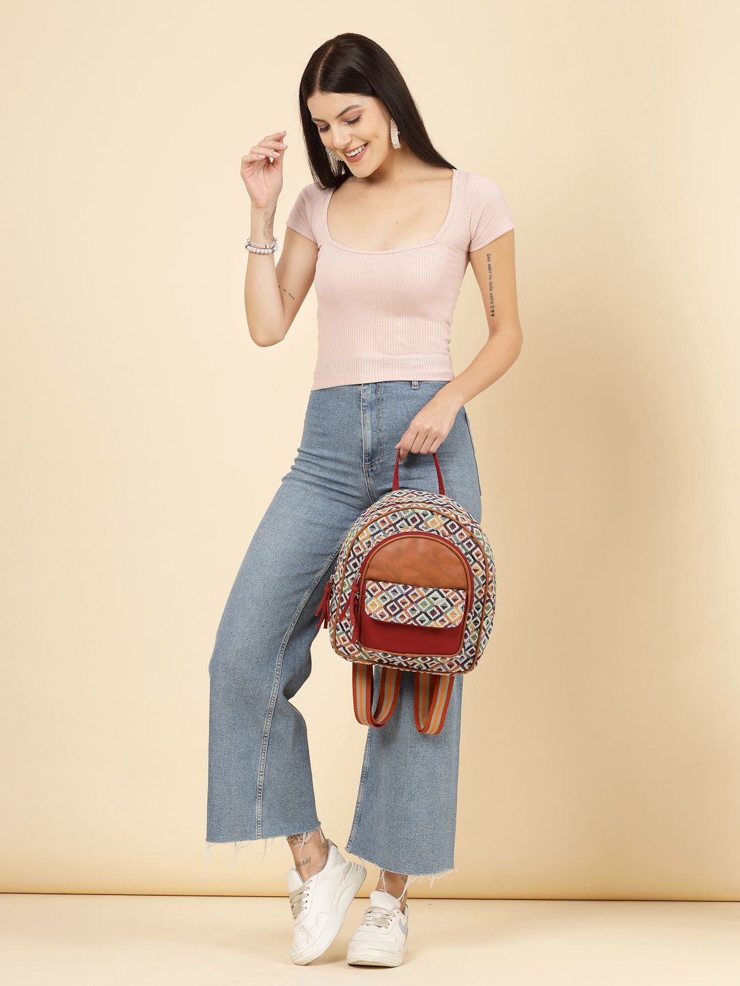 Anekaant Tribal Diamond Jacquard Cotton & Vegan Leather Backpack