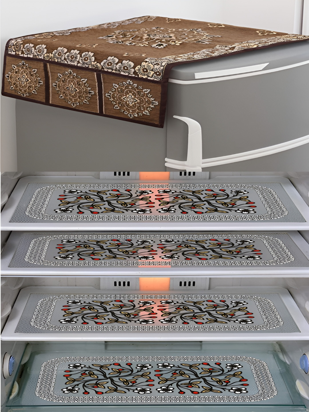 LooMantha Brown & Transparent 5 Pieces Printed Fridge Cover With Side Storage & Fridge Mat