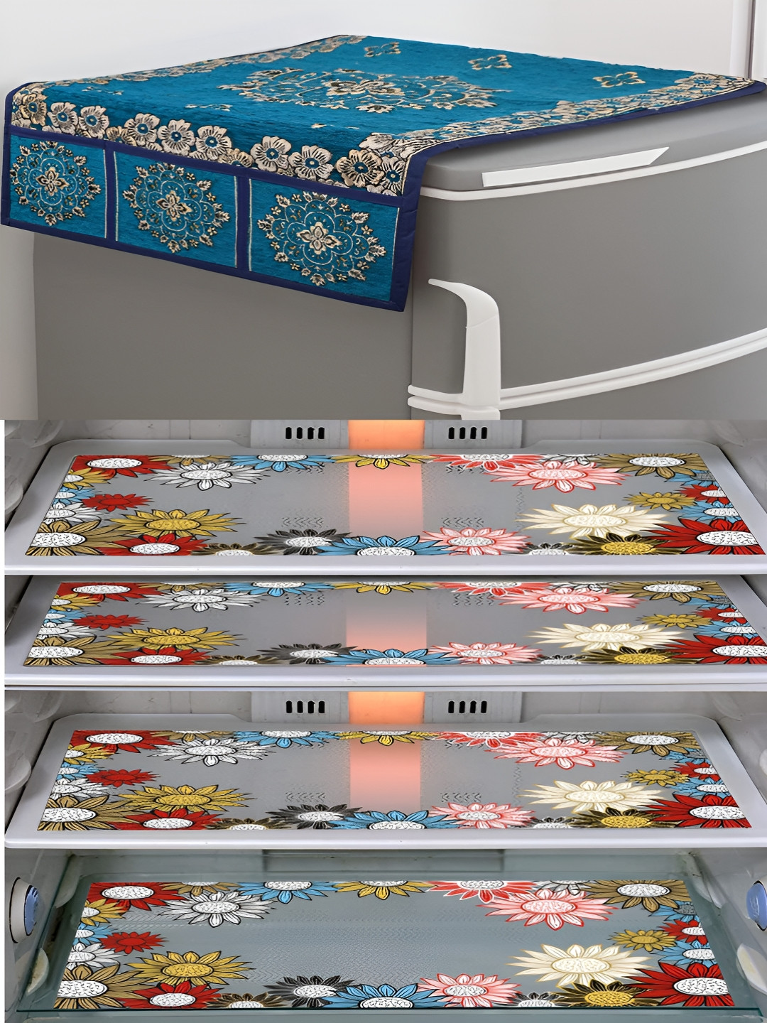 LooMantha Voilet & Transparent 5 Pieces Printed Fridge Cover Side Storage & Fridge Mat