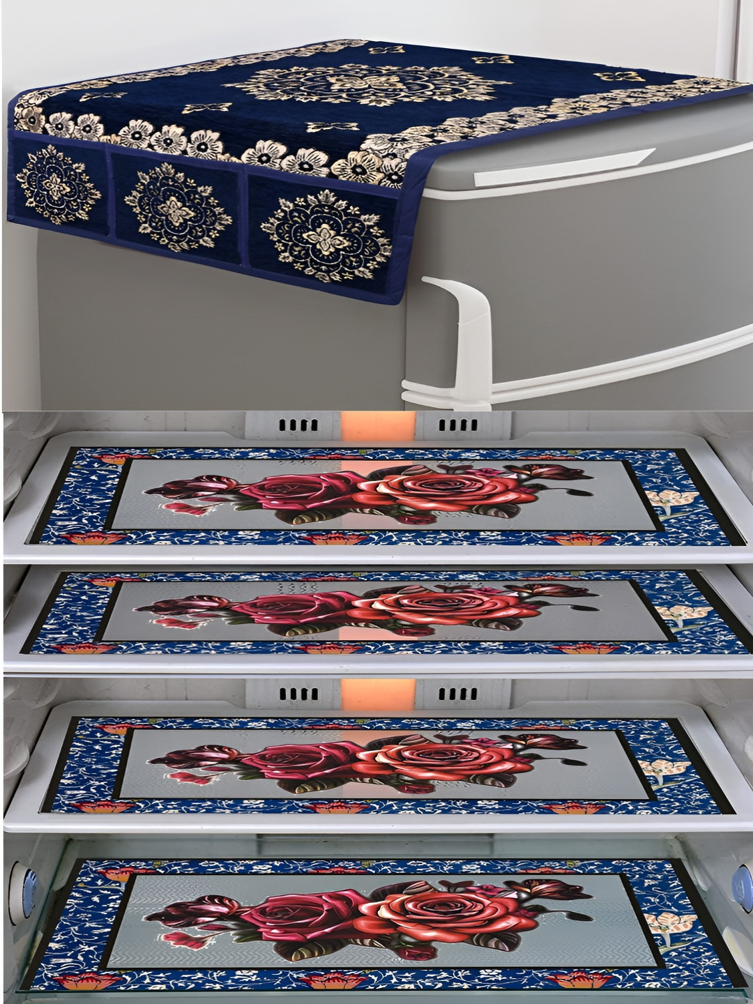 Dakshya Industries Blue & Red 5 Pieces Printed Fridge Cover Mats & Top Cover