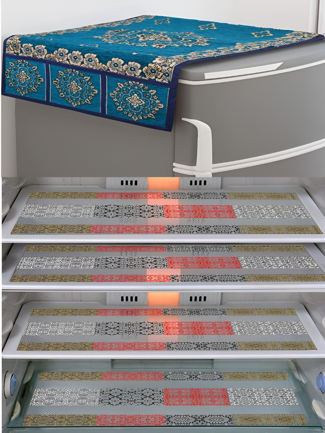 LooMantha White & Blue 5 Pieces Printed Fridge Cover With Side Storage & Fridge Mat