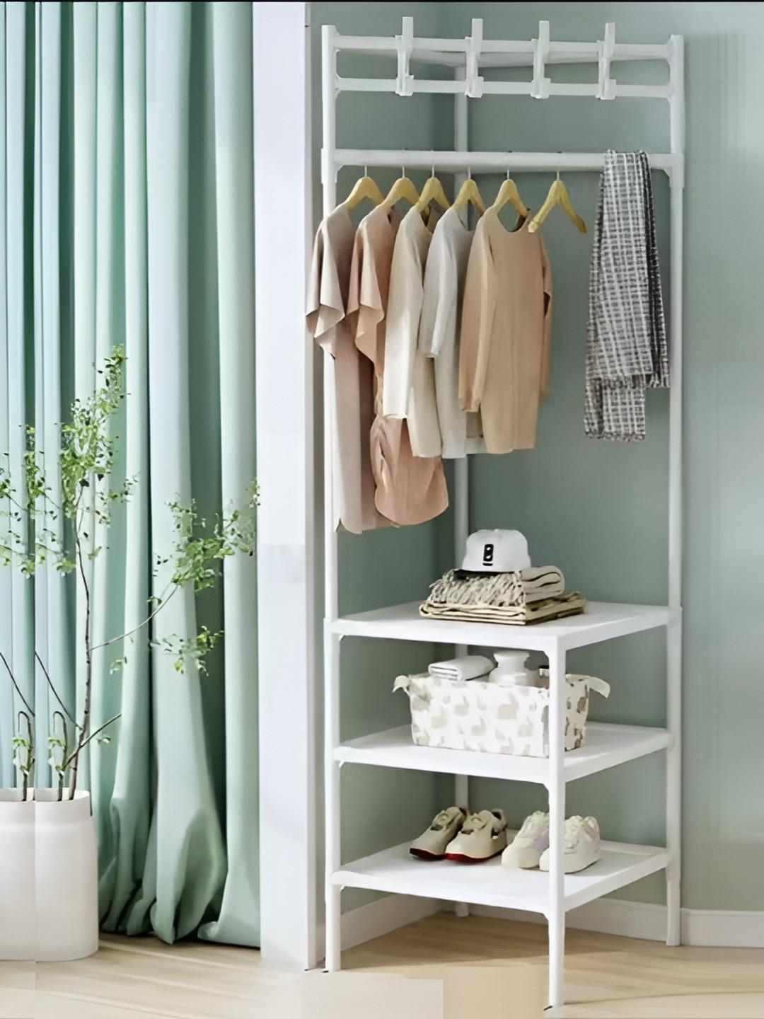 KriShyam 3 Tiers Metal Corner Portable Garment Rack with Shelf