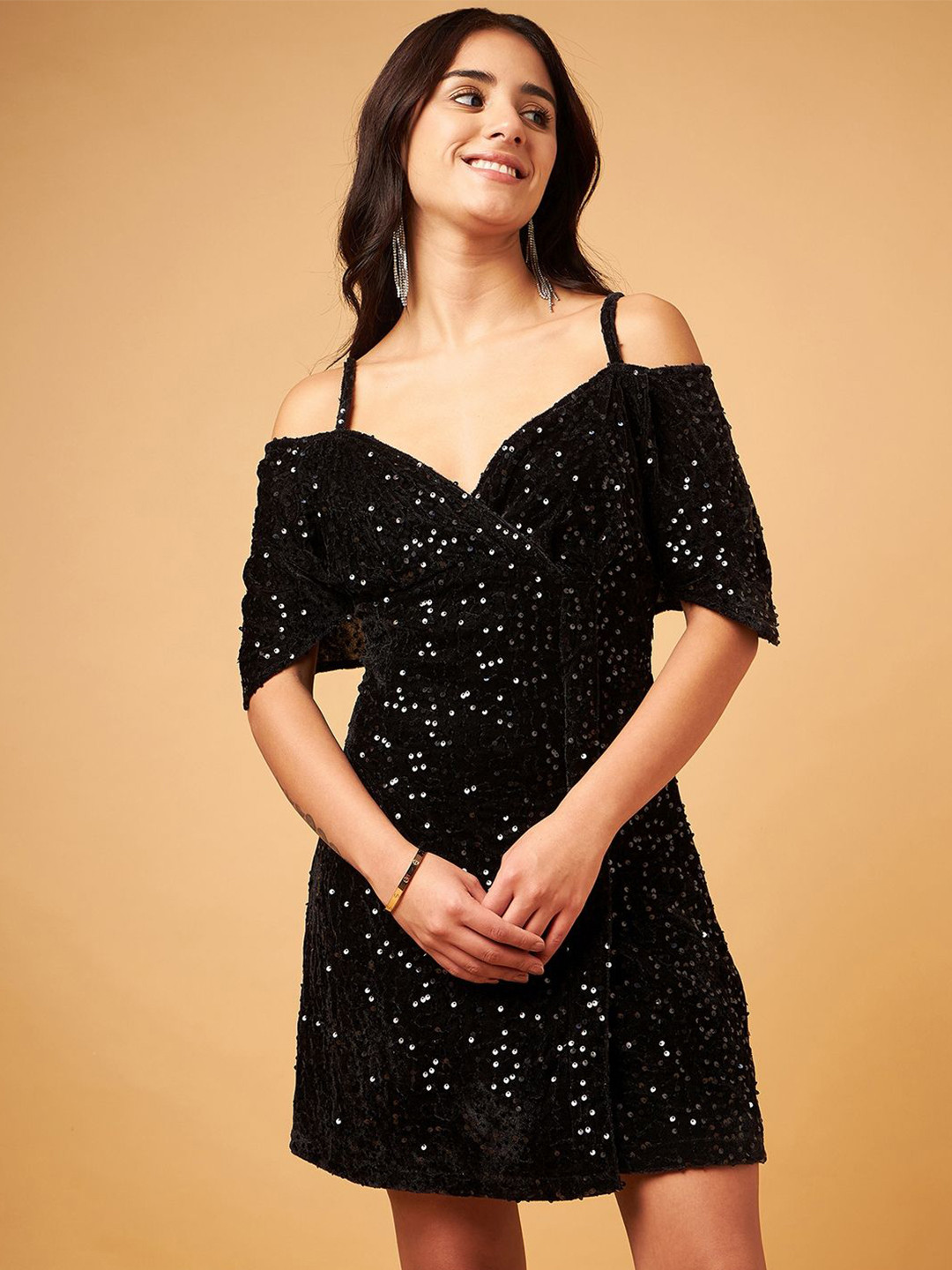 DRAPE AND DAZZLE Embellished Cold-Shoulder A-Line Dress