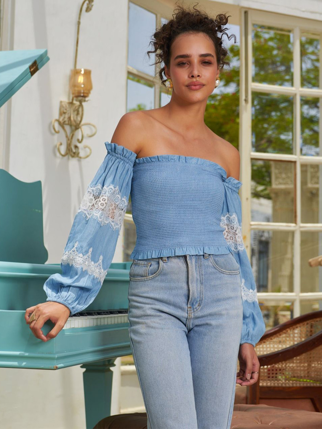 Style Island Off-Shoulder Bell Sleeve Bohemian Cotton Bardot Top