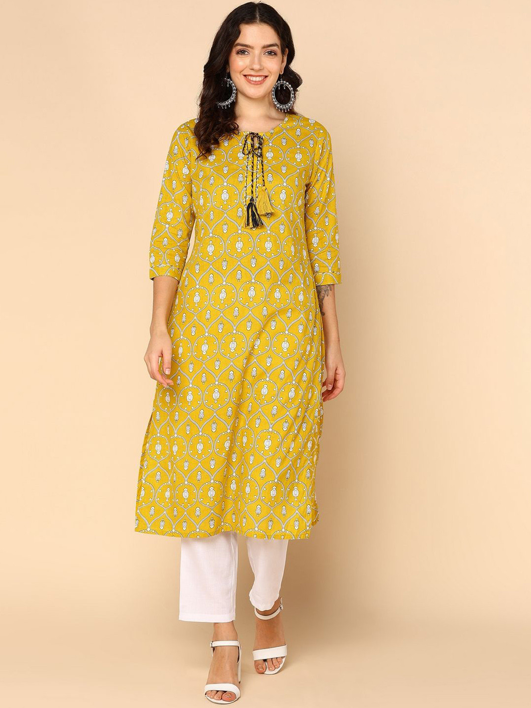 Shiv ali apparels Ethnic Motifs Printed Ties Up Neck Cotton Straight Kurta