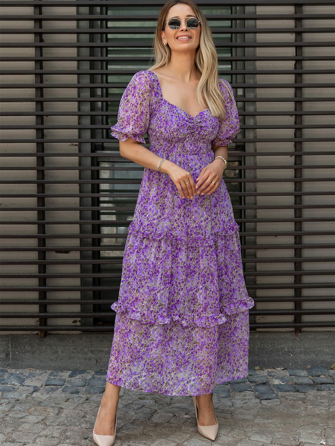 SHEETAL Associates Floral Print Georgette Tiered Maxi Dress