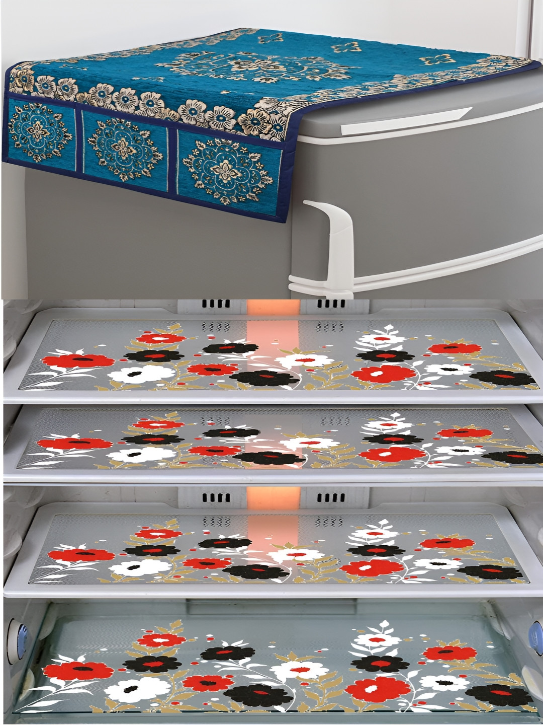 LooMantha Violet & White 5 Pieces Printed Fridge Cover With Mats