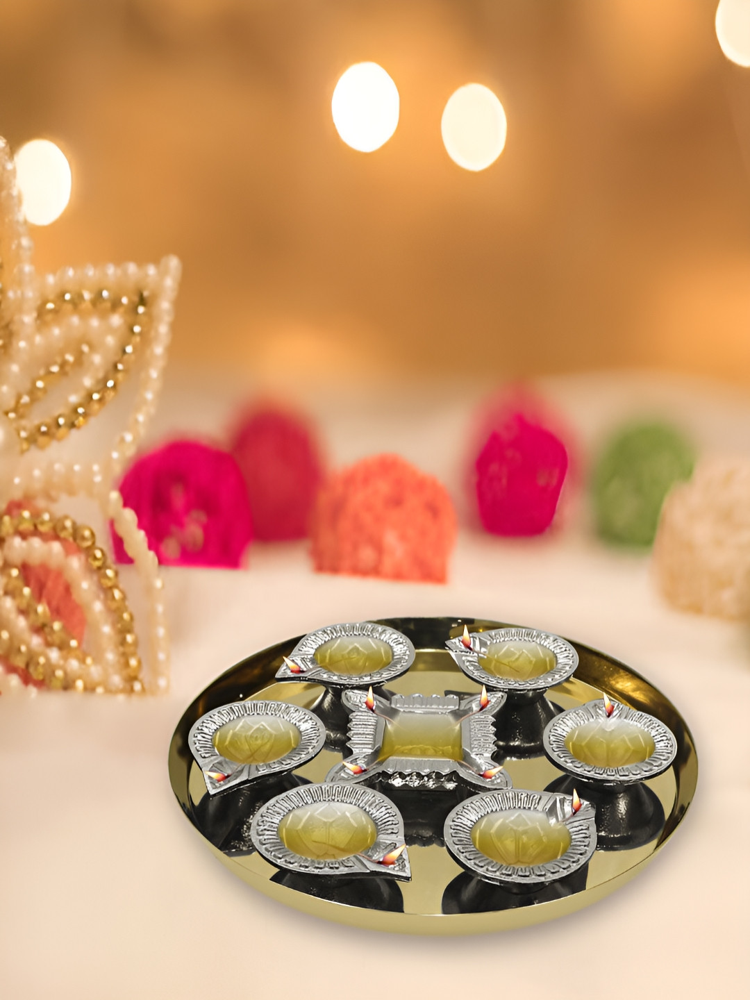 Metalsmith Silver Toned 8 Pieces Diyas With Thaali