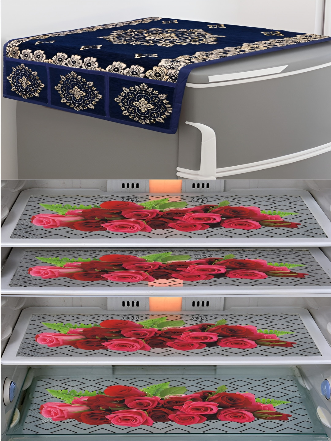 Dakshya Industries Maroon & Red 5 Pieces Floral Printed Fridge Mats & Top Cover