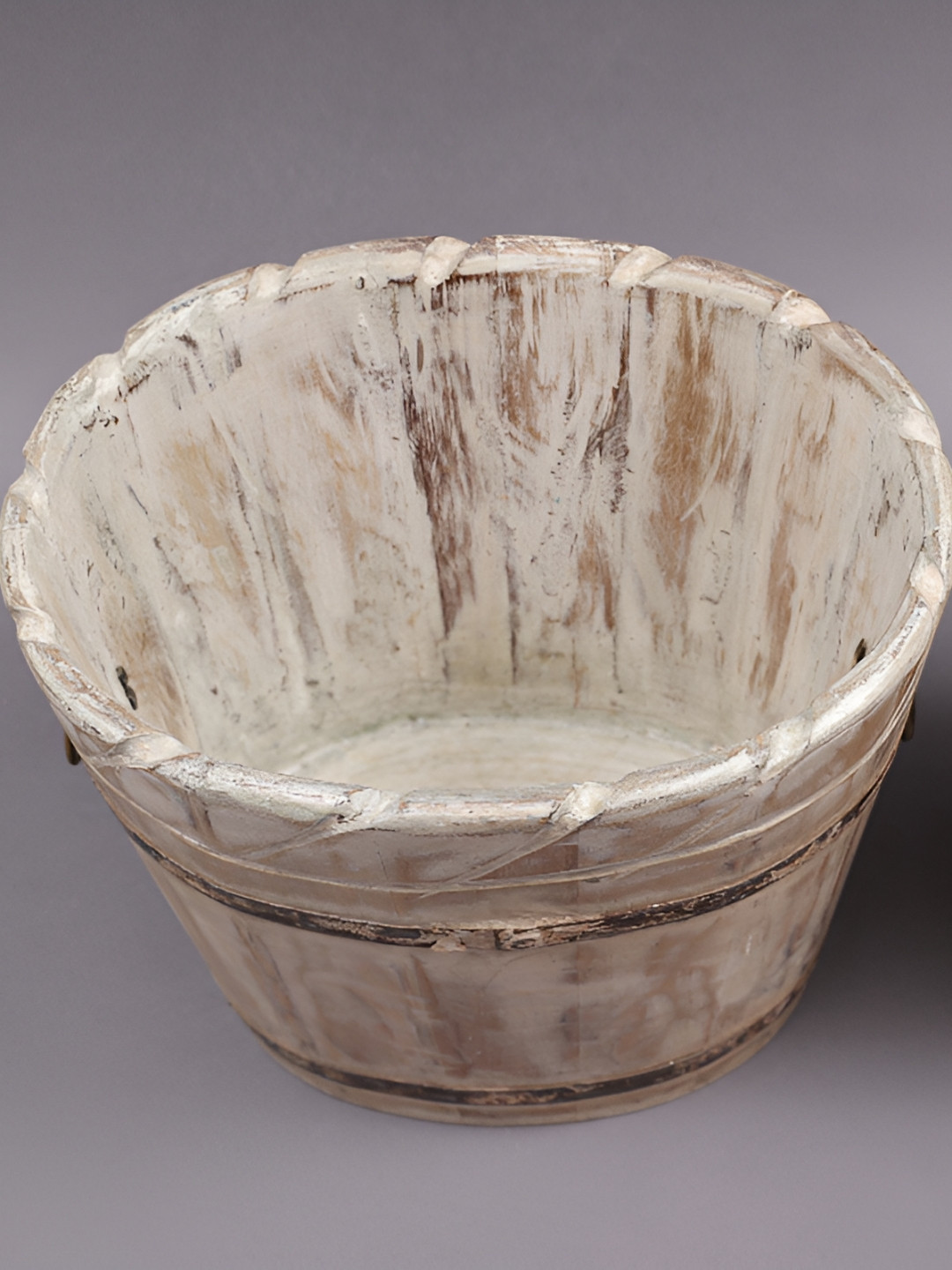 Exotic India Set of 2 Bucket Design Wooden Planters with Brass Work - Made In India