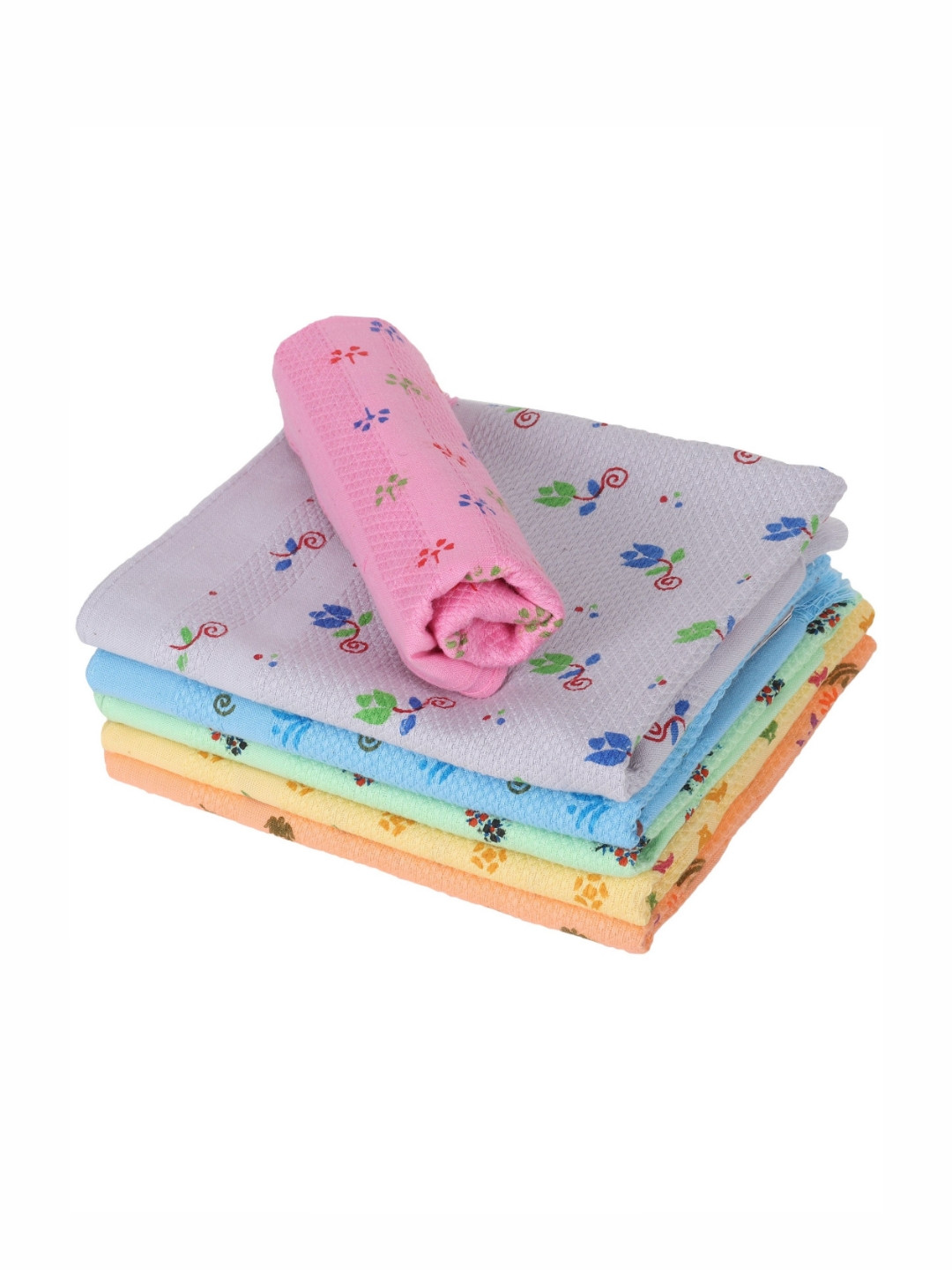 ZAHYA Pink & Blue Set of 6 Pure Cotton Printed Face Towels