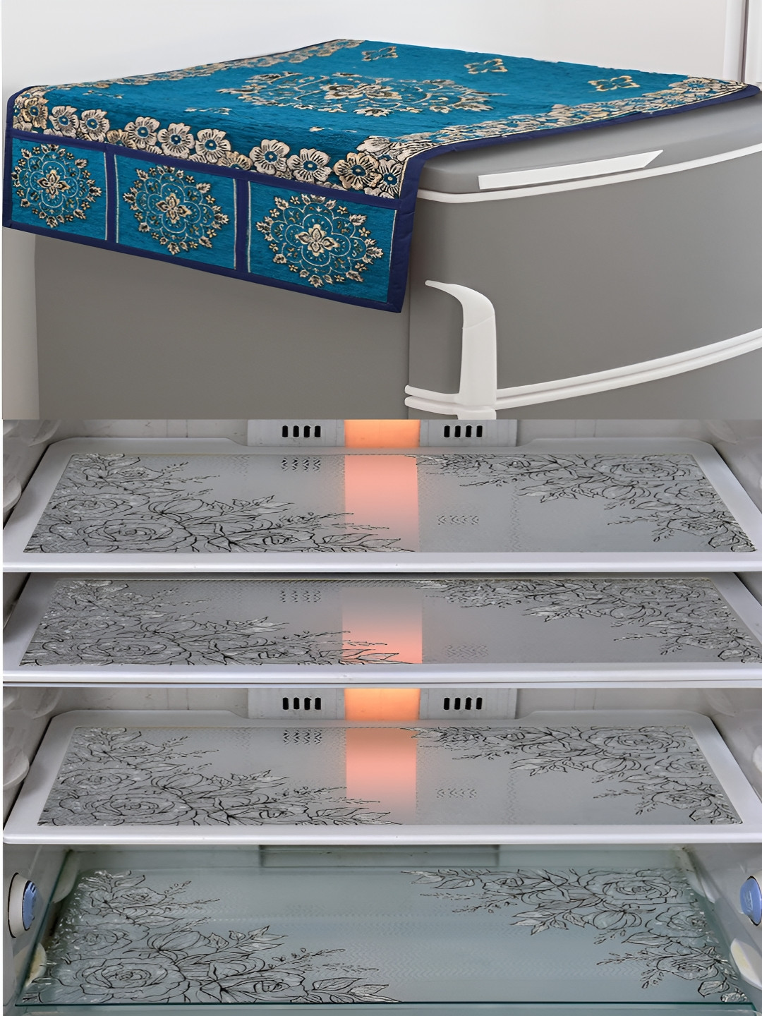 LooMantha Blue & White 5 Pieces Printed Fridge Cover With Side Storage & Fridge Mat