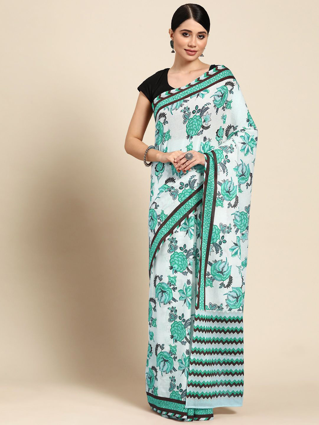 BUTA BUTI Sea Green Floral Pure Cotton Printed Saree