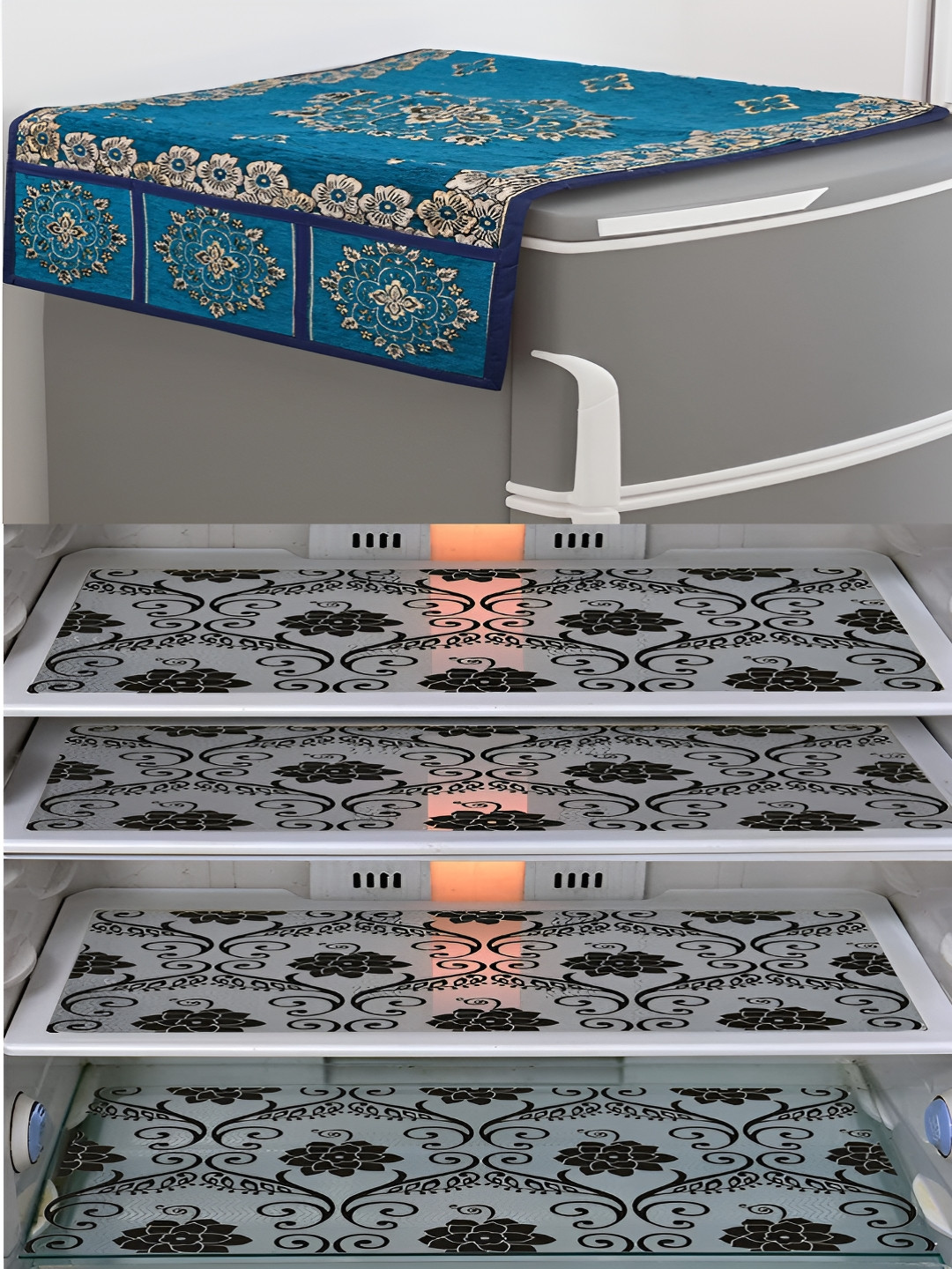 LooMantha Violet & Black 5 Pieces Printed Fridge Cover With Side Storage & Fridge Mat