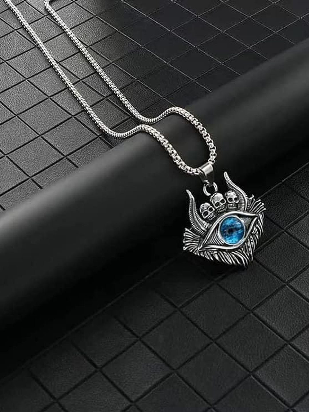 KRENOZ Men Silver-Plated Stainless Steel Evil Eye Dragon Locket Pendants With Chains