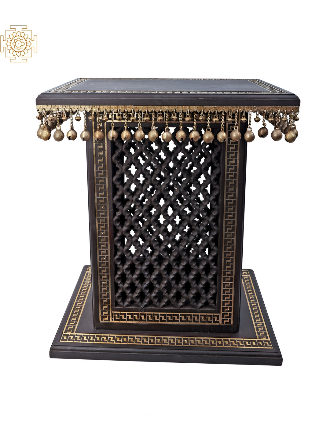 Exotic India Pedestal with Lattice Black Wood Natural Living Room Hand Made Extra Large Showpiece - 15 Inches
