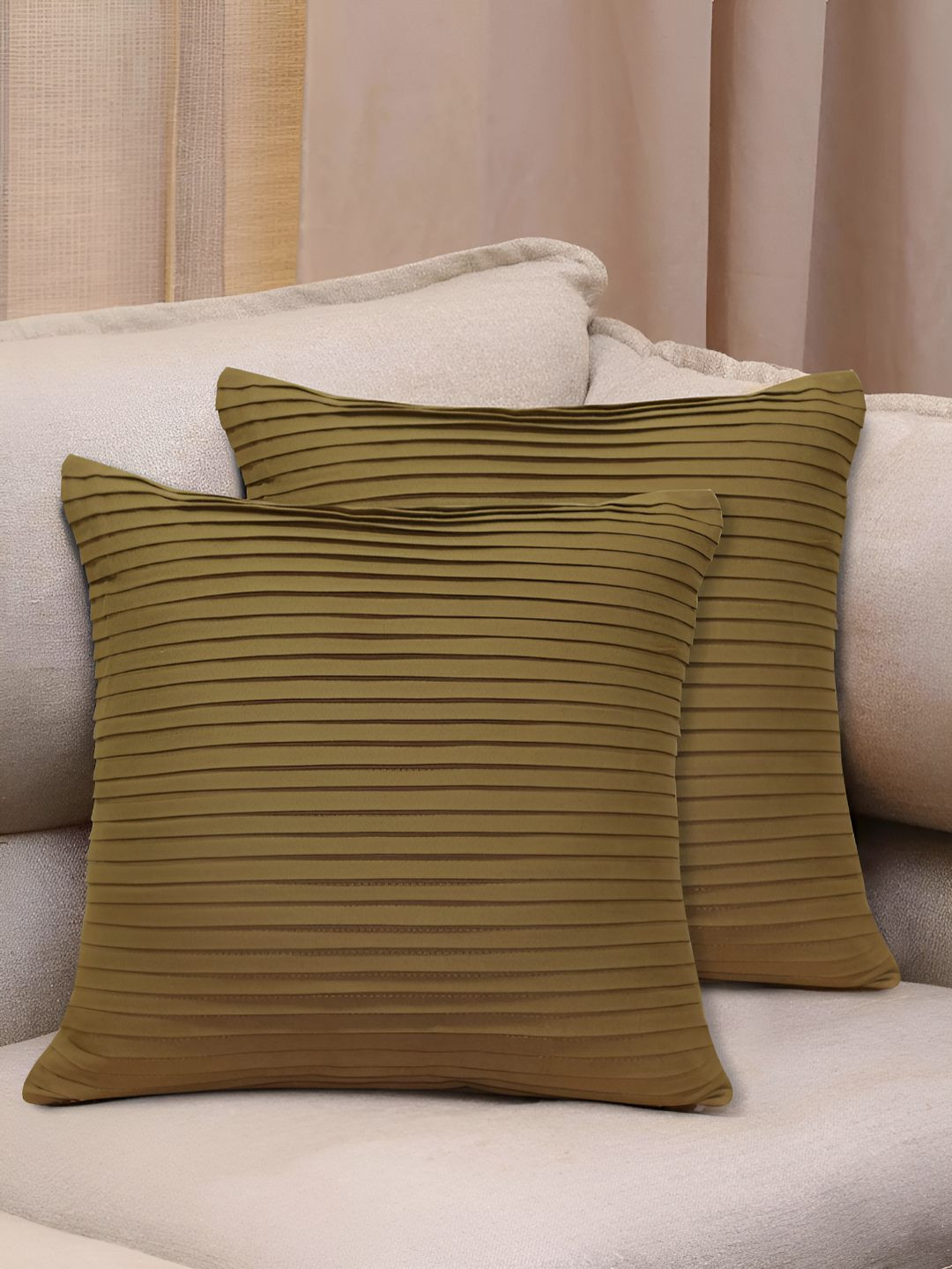 HOME COLORS.IN Tan 2 Pieces Striped Square Pure Cotton Cushion Covers