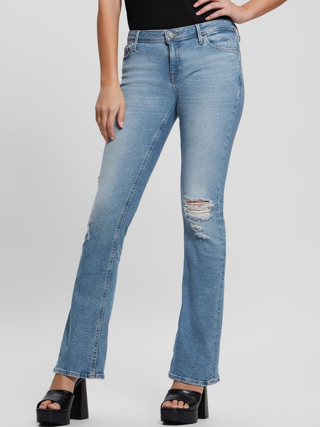 GUESS Women Bootcut Mildly Distressed Light Fade Jeans
