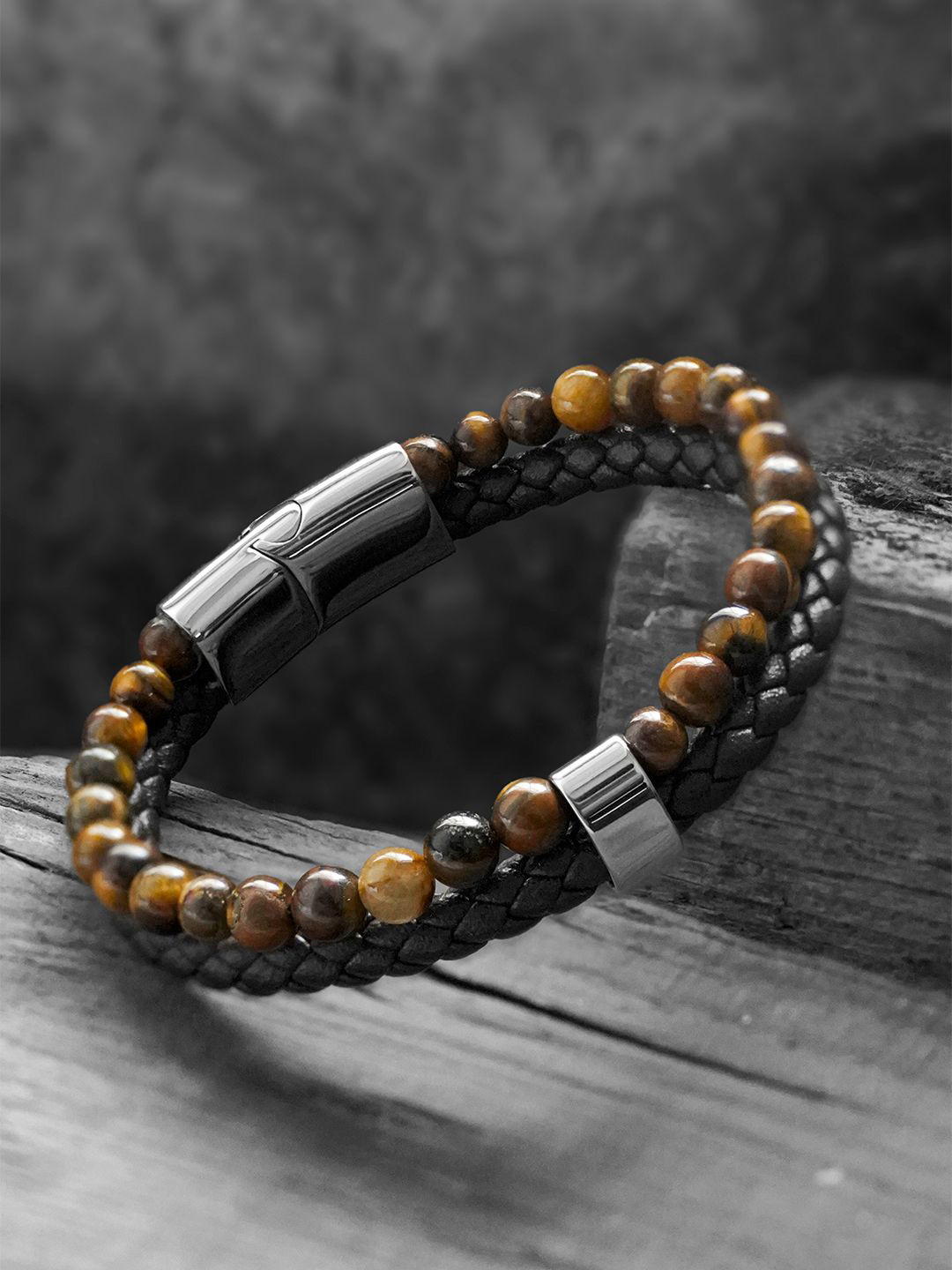 SWASHAA Flavian Men Leather Silver-Plated Wraparound Bracelet
