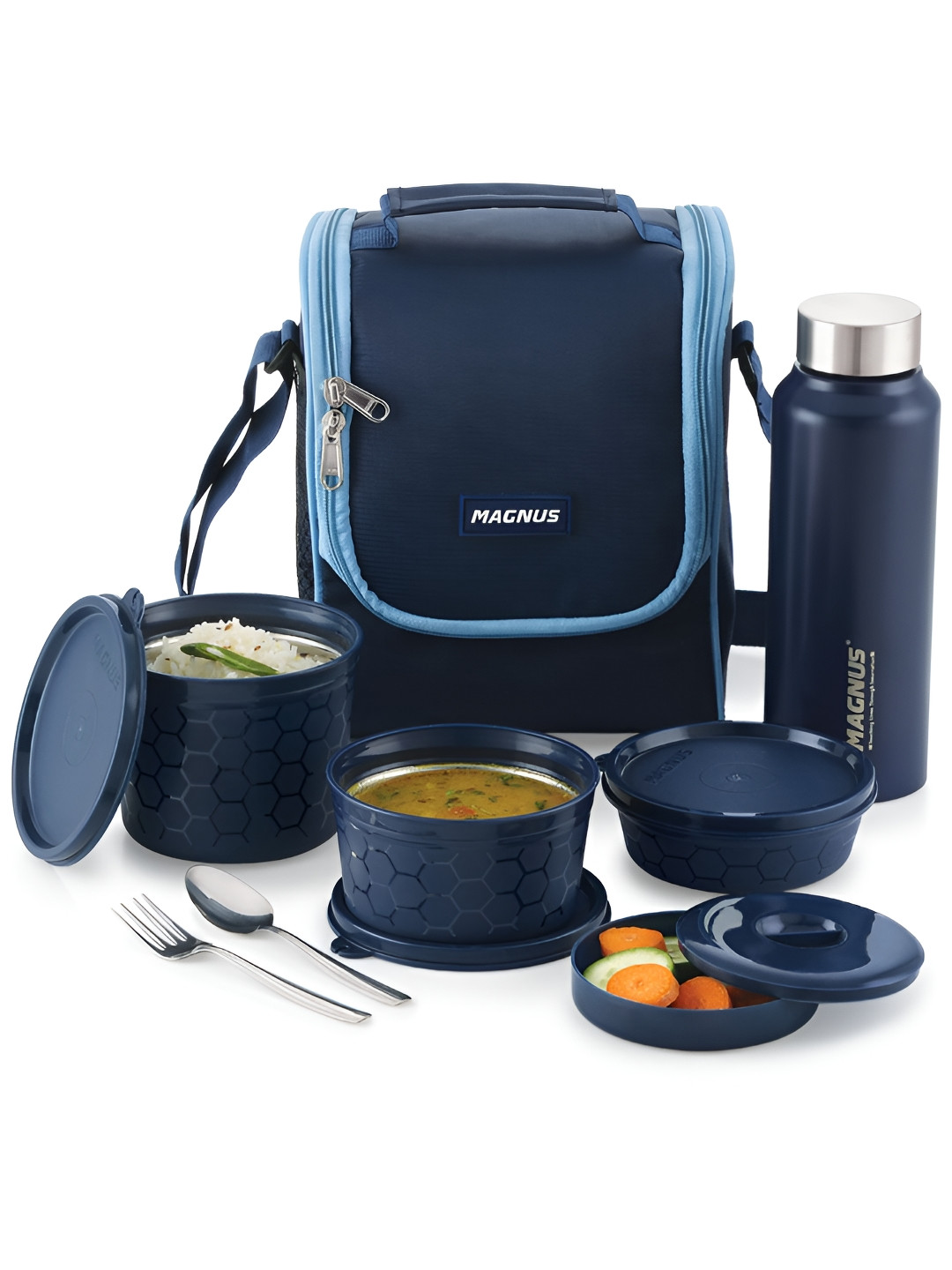 MAGNUS EVA Blue Solid Plastic Microwave Safe 7PCs Lunch Box With Spoon and Fork