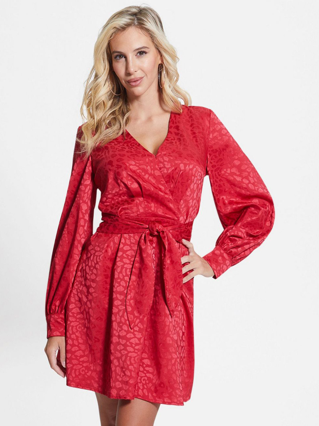 GUESS V-Neck Cuffed Sleeves Belted Wrap Dress