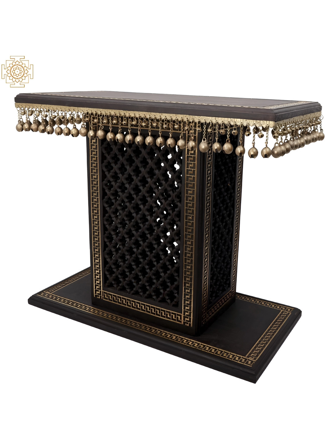 Exotic India Pedestal with Lattice Black Brass Metallic Living Room Extra Large Showpiece - 15 Inches