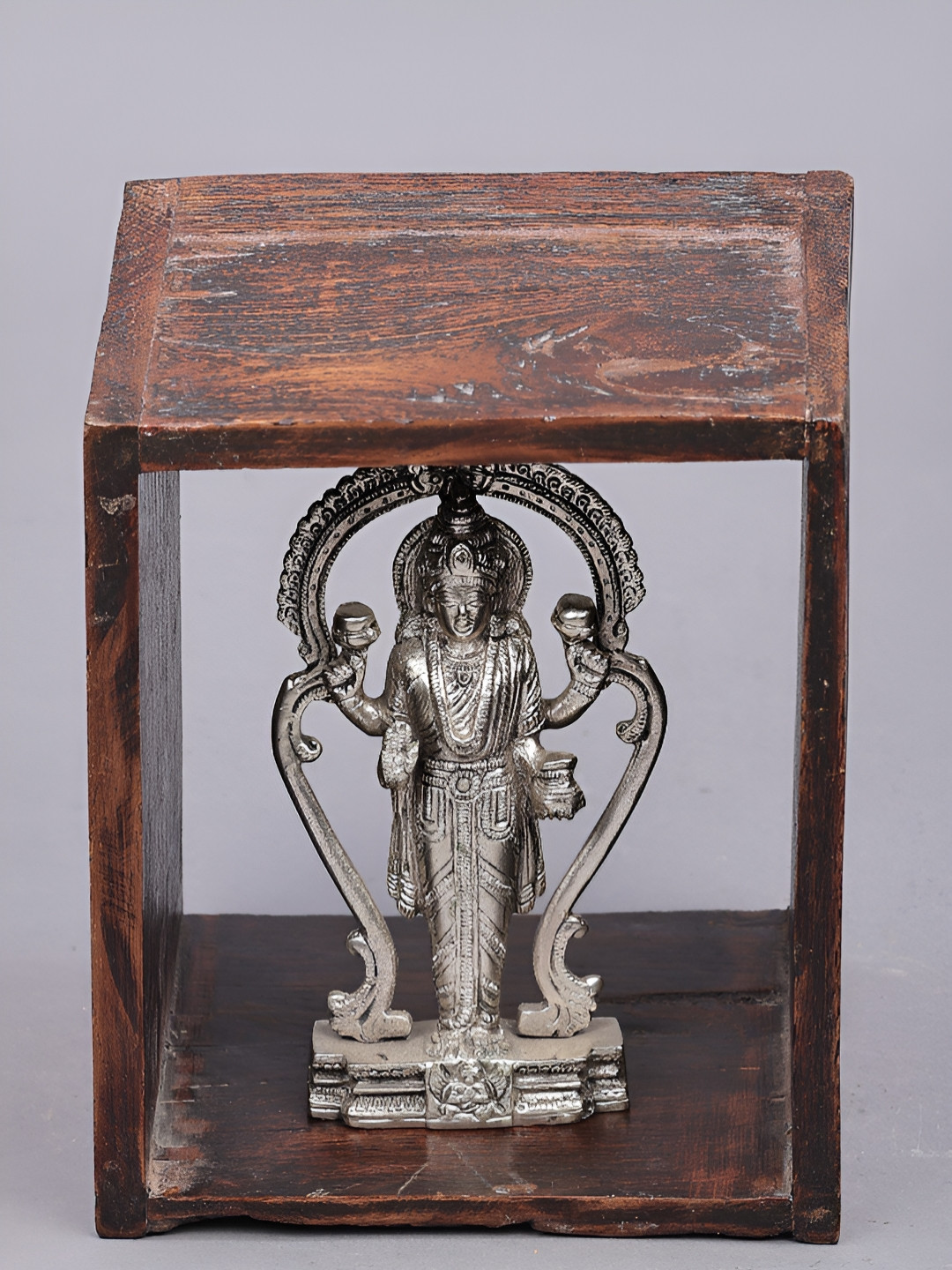 Exotic India Wall Shelve with Devi Laxmi Silver Brass Metallic Prayer Room Hand Made Small Showpiece - 8 Inches