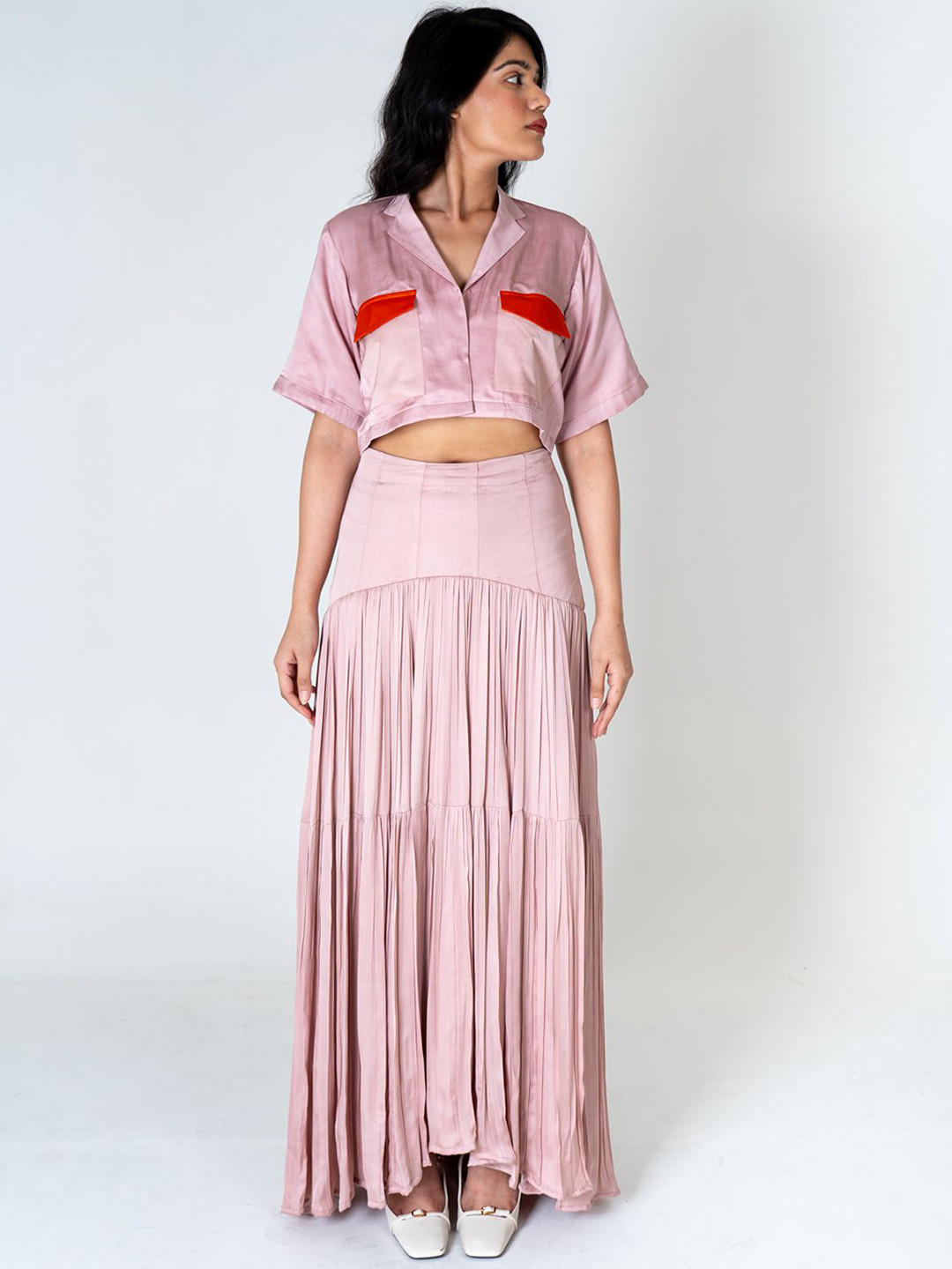 Neora Colourblocked Notched Lapel Collar Top With Maxi Skirt