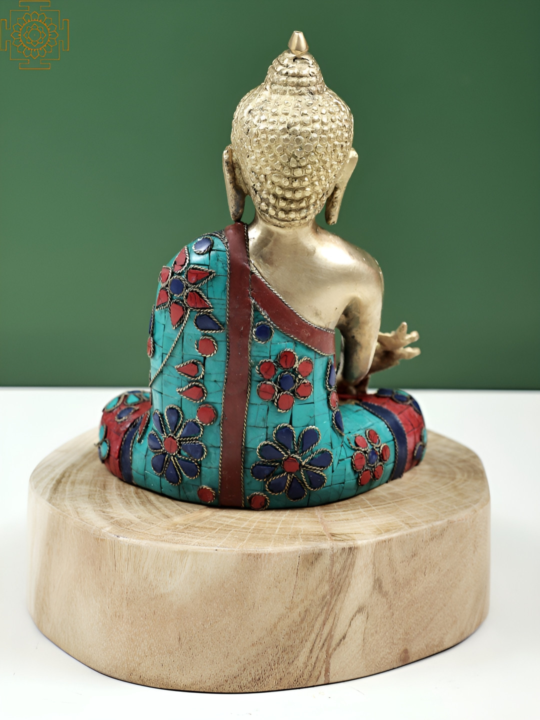 Exotic India Medicine Buddha Seated On Pedestal Blue Brass Metallic Prayer Room Hand Made Medium Showpiece - 8 Inches