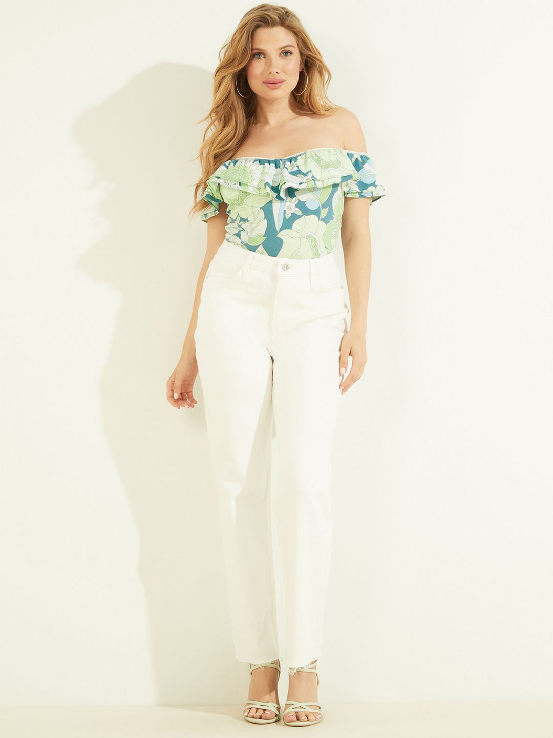 GUESS Women Floral Printed Off-Shoulder Cotton Top