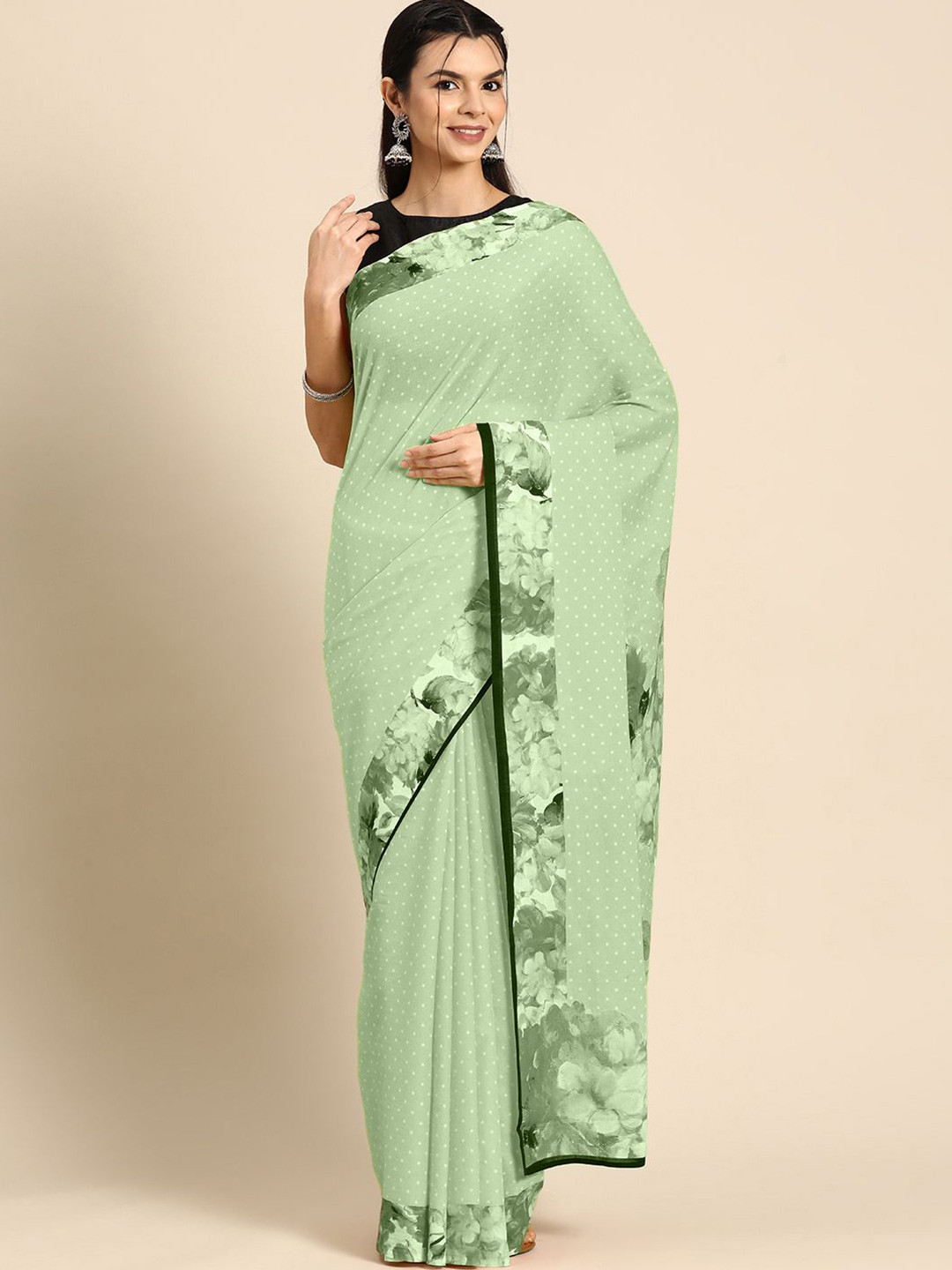 BUTA BUTI Polka Dot Green Color Floral Printed Saree