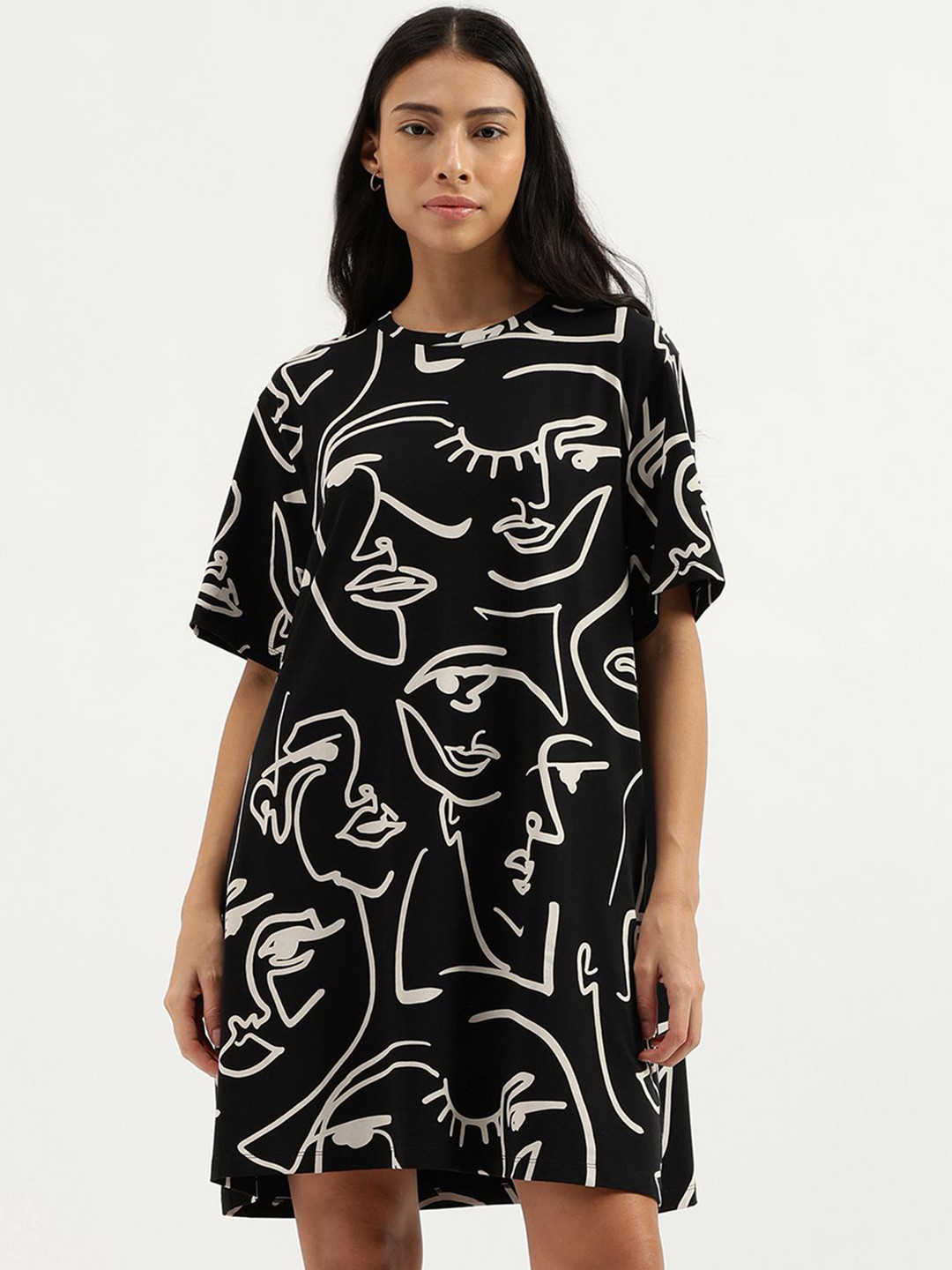 United Colors of Benetton Printed Round Neck Short Sleeves A-Line Dress
