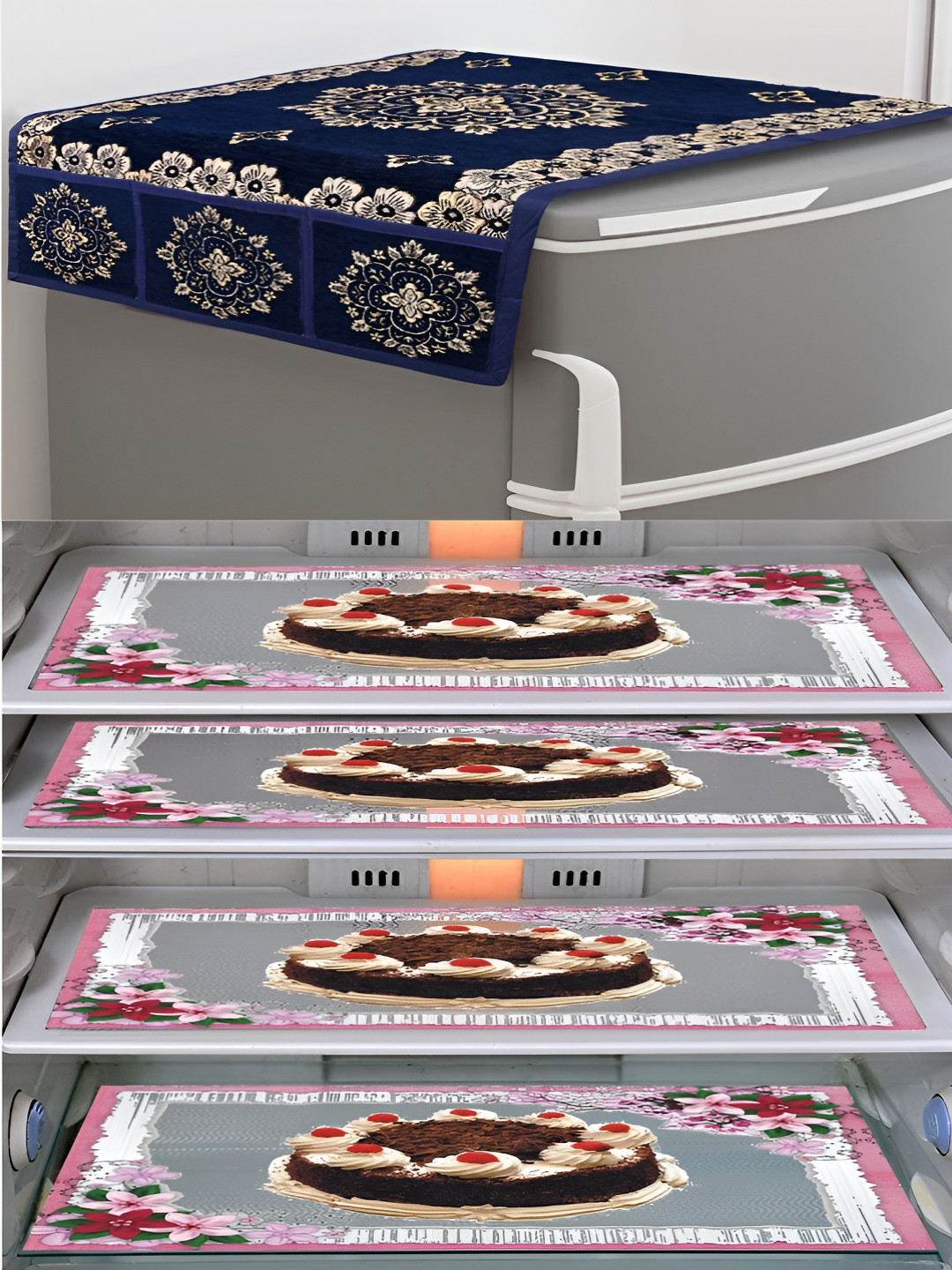Dakshya Industries Blue & Transparent Printed Fridge Top Cover with Fridge Mats