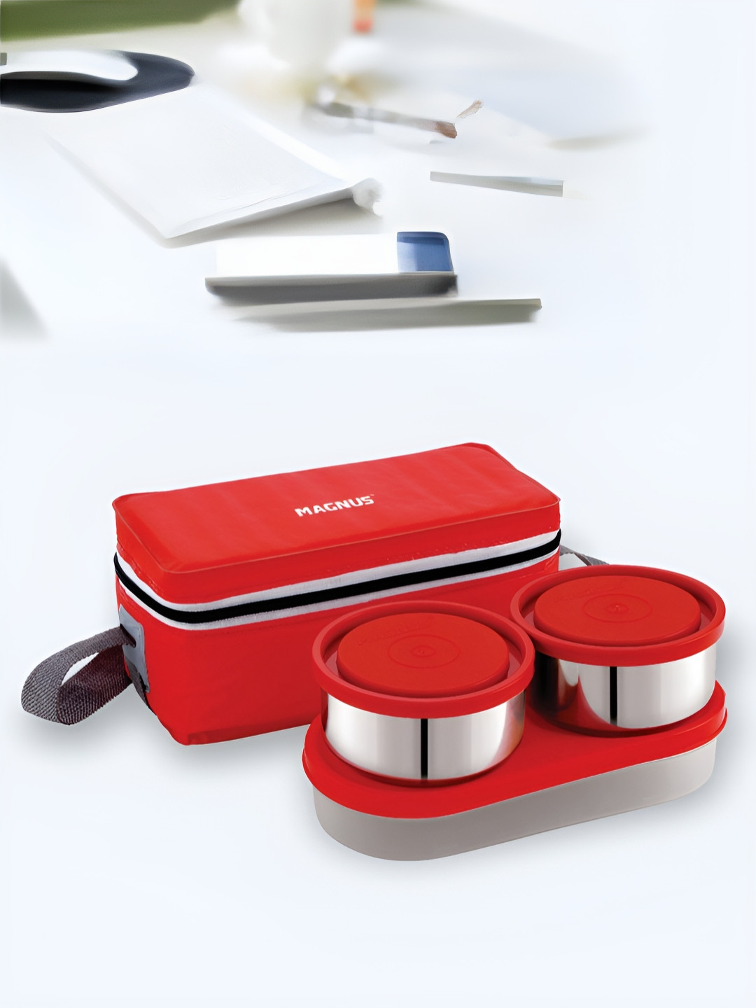 MAGNUS Fancy 3 Red Solid Stainless Steel Leak Resistant 3PCs Lunch Box With Spoon and Fork