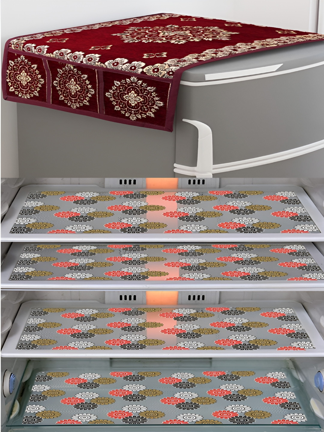 Dakshya Industries Maroon & Transparent Printed Fridge Cover & Fridge Mats