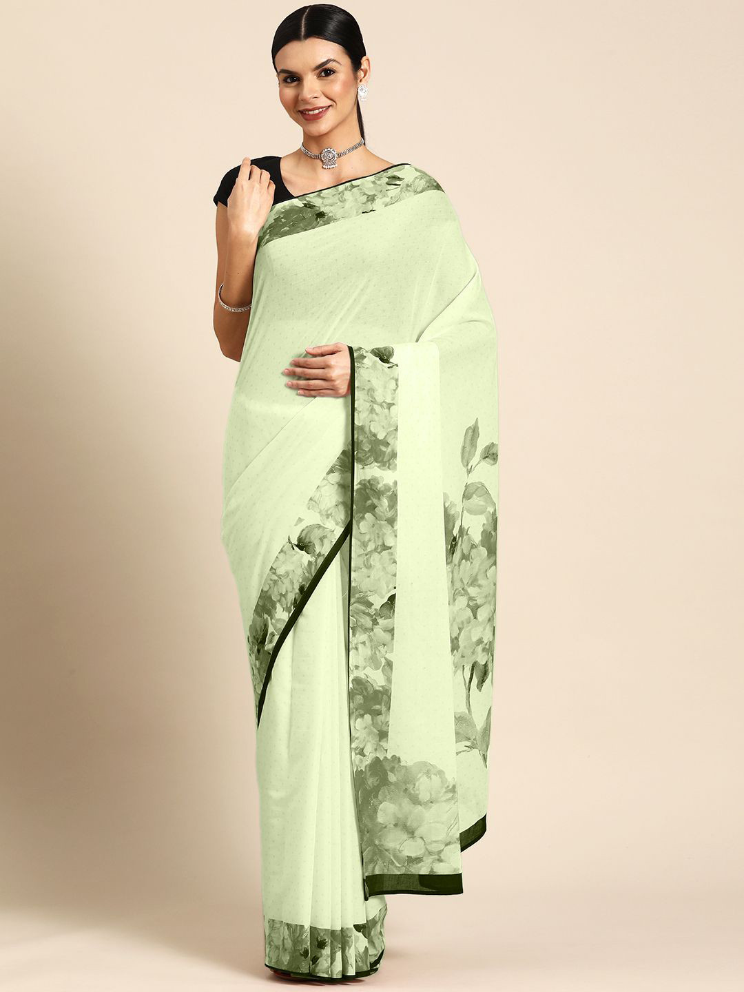 BUTA BUTI Polka Dot  Green Color Floral Printed Saree