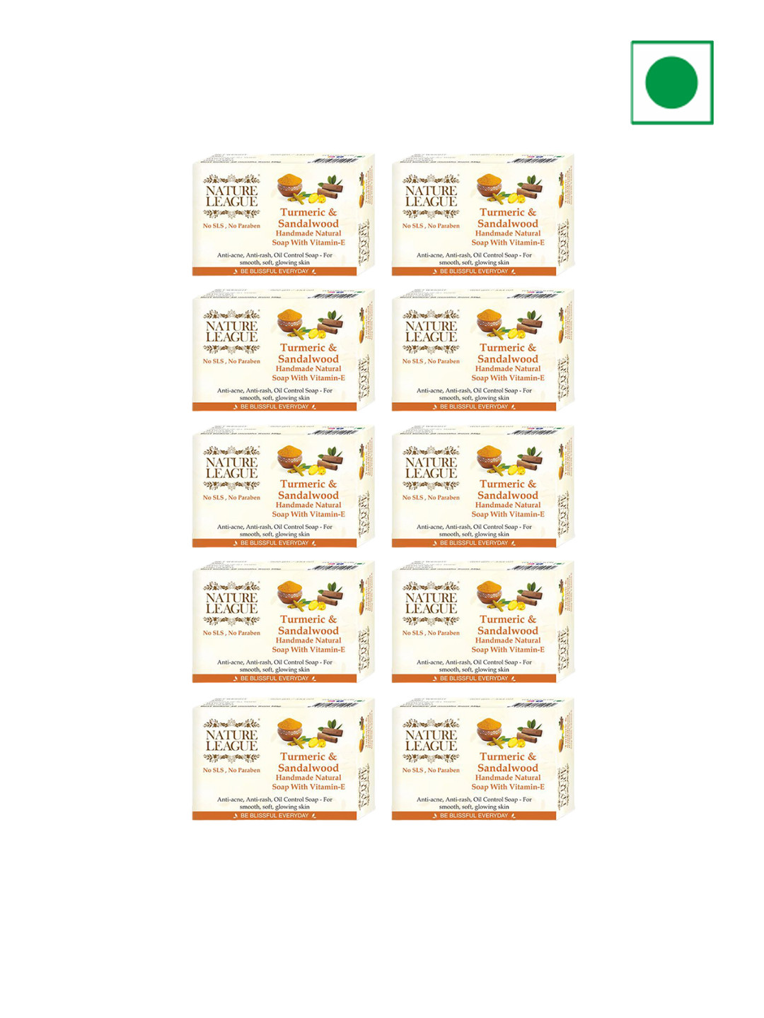 NATURE LEAGUE Set Of 10 Turmeric & Sandalwood Natural Handmade Soap - 100g Each