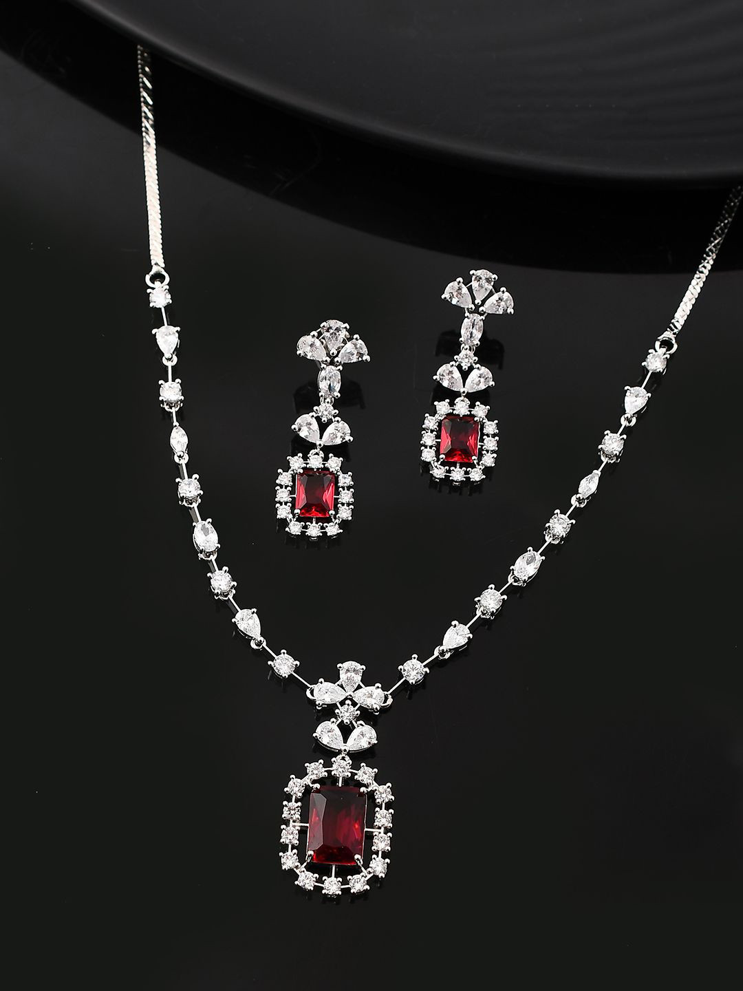 Voylla Silver-Plated Sparkling Elegance Radiant American Diamond Jewellery Set